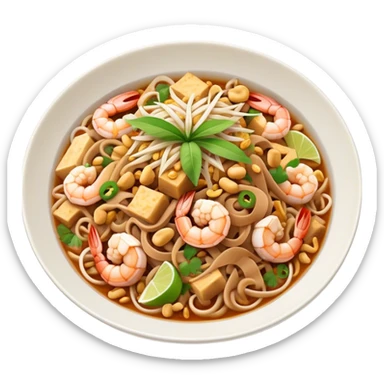 Cinematic Realistic Pad Thai Dish Emoji, depicted as stir-fried rice noodles with shrimp, tofu, peanuts, and bean sprouts rendered with vibrant textures and dynamic, appetizing lighting. sticker