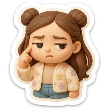 Create a 3D chibi fondant cake art style image with high-quality rendering, smooth shadows, and soft gradients. The girl should be based on the reference image, preserving facial features, with long brown hair in two space buns, brown eyes, jeans, and a pastel floral cardigan. Add a thick white outline like a sticker and make the background transparent. She is spinning a finger near her temple with a contemptuous expression, no whistling. sticker