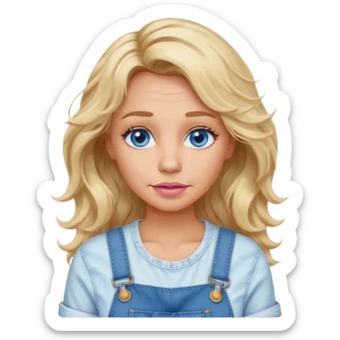 create an emoji of a woman. She has wrinkles, with long blonde messy but wavy hair, blue eyes, tanned skin, natural soft pink lips. she wears a very white top with an overall sticker