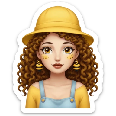 full body woman long curly brown hair brown eyes white skin tattoos wearing bee hat and pollen glow makeup sticker