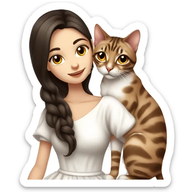 Beautiful skinny woman long dark brown hair in white dress hug bengal cat sticker
