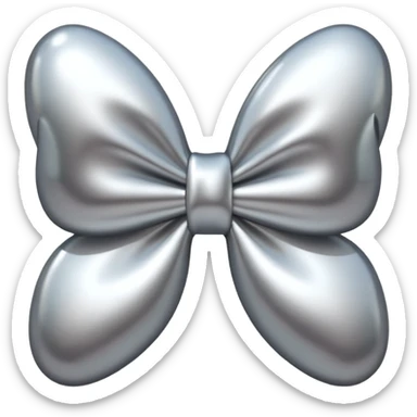A cute bow emoji made of polished silver chrome, smooth rounded loops, glossy metallic surface, soft mirror reflections, subtle highlights, minimal and adorable proportions, iOS emoji style, centered composition, clean white background, soft studio lighting, no text, no outline, ultra high quality sticker