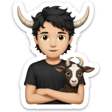 Menino de 15 anos de cabelo ondulado preto e de camiseta preta com chifres de bode sticker