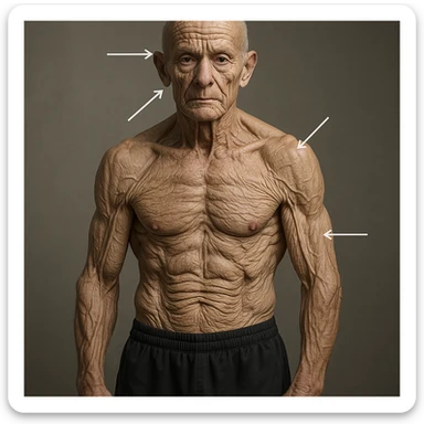 hyper realistic young bodybuilder aged prematurely due to collagen deficiency, well visible muscles, skin with marked wrinkles and loss of tone, arrows pointing to most affected areas, neutral atmosphere sticker