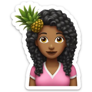woman with long black curly hair wearing pink holding a pineapple  sticker