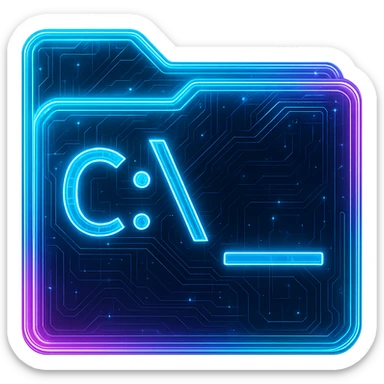 Transform the Windows CMD icon into a cyberpunk, holographic style with glowing neon blue and pink edges and circuit patterns throughout the entire icon. Maintain the recognizable terminal window shape and C:\ prompt, overlaying neon and circuit effects in a consistent futuristic, clean cyberpunk glow style with intricate circuit details. The background should be transparent. The style should match the previous cyberpunk icons with a holographic neon aesthetic. sticker