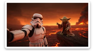 Cinematic still, selfie camera, Starwars stormtroopers vlogging , he is walking on lava planet with yoda sticker