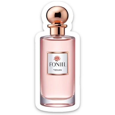 perfume pink A **slim, cylindrical perfume bottle** with a **transparent glass body**, a **rose gold metallic cap**, and a **denim-textured label**. sticker