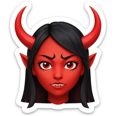 Head only demon girl; face with pronounced cheekbones and angular jaw; skin is uniform pure red (#FF0000) everywhere; long straight smooth black hair; small horns sticker