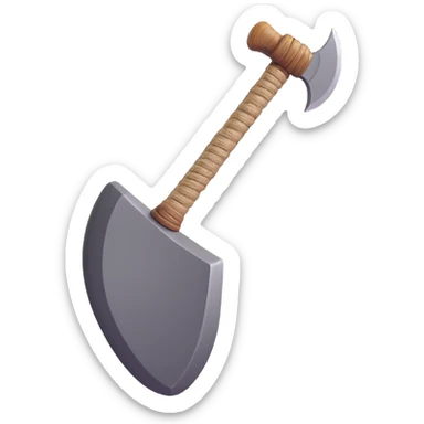 Draw a Stone Age hand axe with a sturdy wooden handle showing visible texture, thick rope binding a roughly shaped gray stone blade at the top. The image should have soft shadows and glossy highlights, polished and three-dimensional, centered on a clean white background. sticker