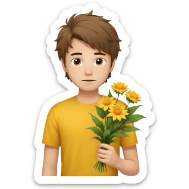 generate an ios genmoji of a 20 year old fair boy with brown long and messy hair with stubble on cheeks. should look like he cant grow a mustache., carrying a flower bouquet, wearing a yellow tshirt, looking shy sticker