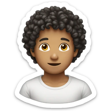 a boy with a curly hair and a musk and a black t-shirt sticker