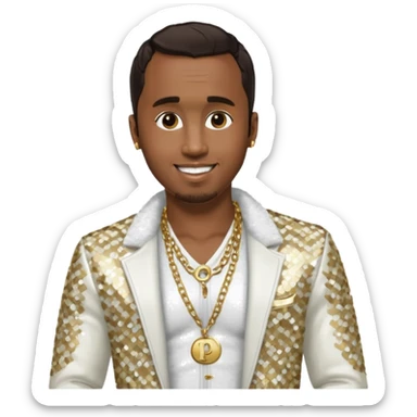 P. Diddy with dark brown hair, white sequin jacket, shirtless with necklace sticker