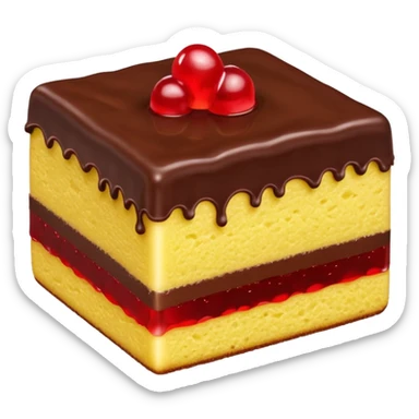 chocolate-covered snack cake with a moist yellow sponge interior. The cake is topped with chocolate curls or shavings and has a creamy white filling alongside a vibrant red jelly or fruit-flavored center (likely cherry or raspberry) sticker