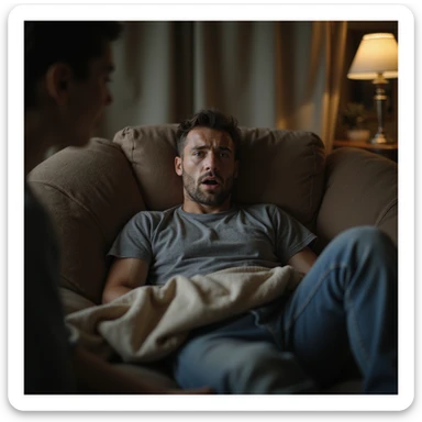 Hyperrealistic 4K image of a man lying on a sofa complaining exaggeratedly, gaze directed at a person off-frame, dramatic expression, blanket on legs, domestic atmosphere, highly detailed. sticker