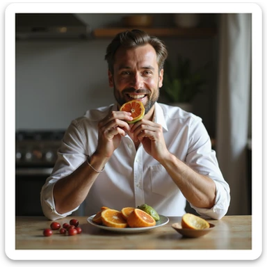 hyperrealistic 4K man isolated on white background having breakfast, eating fresh fruit, natural pose, realistic details, variant 5 sticker