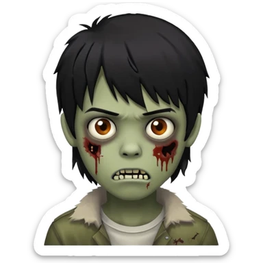Boy, zombie, black hair, medium, bangs above the eyebrow , emo, shaggy, dark,  sticker
