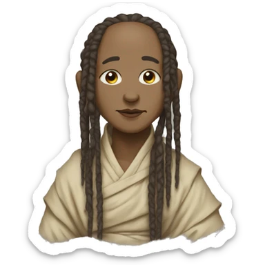 A black light skinned monk, with a dreads tied up on a ponytail, painting on a canvas  sticker