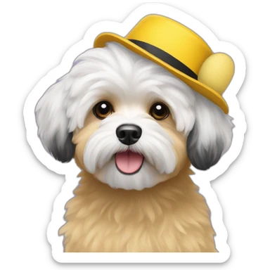 A black bichon havanese with a yellow hat sticker