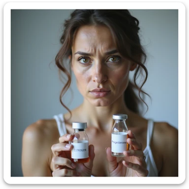 hyperrealistic 4K image of a woman with hormonal imbalance holding two vials labeled 'Estrogeni' and 'Progesterone', doubtful expression, clinical environment sticker
