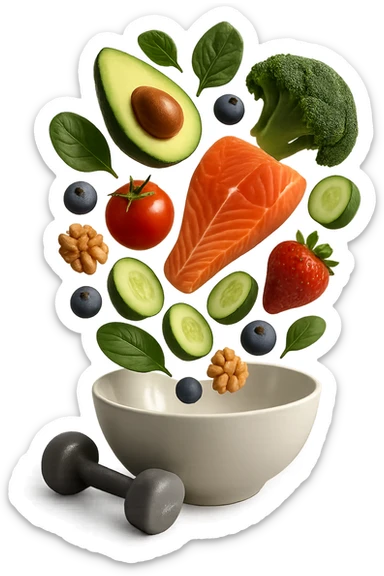 bowl bianca con cibo sano che cade dall'alto insieme a piccoli manubri da palestra in 3d, iperrealistica 4k sticker