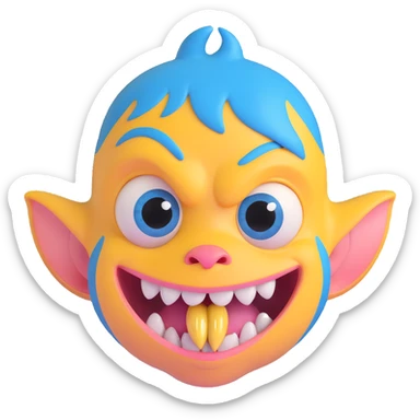 ugly face with big blue eyes, big nostrils with visible boogers, big mouth with very yellow buck teeth sticker