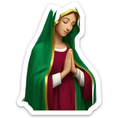 Virgin Mary: kind face looking down at the left, long brown hair, Wearing an emerald green  robe with gold stars and a burgundy red dress,  Hands in prayer or blessing. Halo around her head. standing in front of a big sun. colorful roses on the sides  sticker