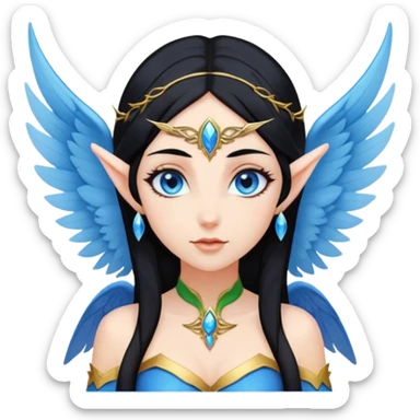 A goddess with black hair, elf ears, blue eyes and wings sticker