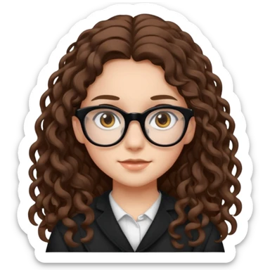 white teen girl with long brown curls, hazel eyes, and black frame glasses sticker