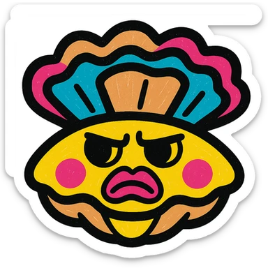 Cute oyster with a sulky expression, pursed lips, furrowed eyebrows, in pop colors style, transparent background. sticker