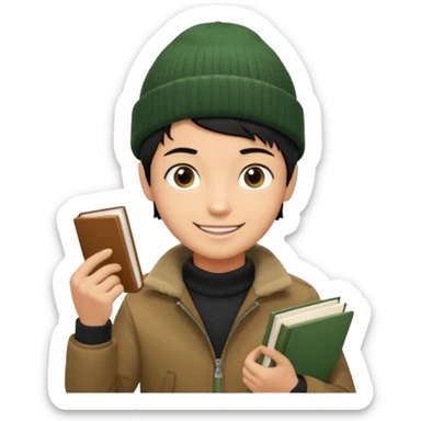 tan skin, non binary man with pixie cut black hair, wearing brown jacket and dark green beanie, smiling , holding up books  sticker