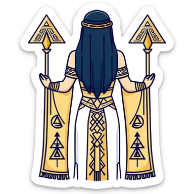 back view of Anunnaki goddess Inanna with straight long black hair and ancient Sumerian symbols embroidered on her ceremonial dress sticker