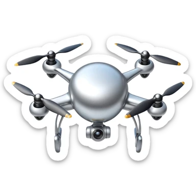 A futuristic drone emoji made of polished silver chrome, smooth rounded body, minimal propellers, reflective metallic surface, soft studio lighting, iOS emoji style, centered, clean white background sticker