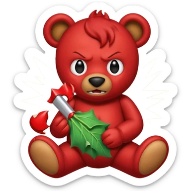 A red devil tearing up a brown teddy bear sticker