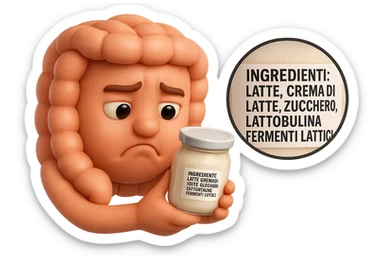 SU QUESTO STILE FAI UN EMOJI STILE IPHONE 3D DI UN INTESTINO CHE HA IN MANO UN BARATTOLO DI YOGURT CONFEZIONATO DA SUPERMERCATO E LEGGE L'ETICHETTA NUTRIZIONALE CON GLI INGREDIENTI IN ITALIANO, ACCANTO ALLO YOGURT CHE HA IN MANO C'è UN FOCUS SULL'ETICHETTA CON GLI INGREDIENTI SCRITTI, FAGLI UN ESPRESSIONE CONFUSA MENTRE LEGGE E FALLO MOLTO REALISTICO IN 3D sticker