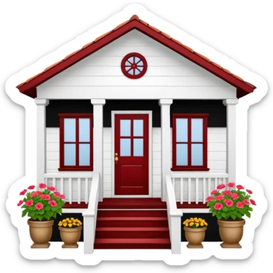 A typical wooden house from rural Puerto Rico with a central functional door, two symmetrical windows with flower boxes, a front porch with open railings, and a rocking chair. The house should look humble but well-maintained, evoking warmth and authenticity. sticker