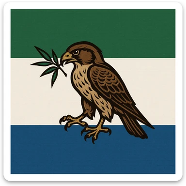 flag with green, white, and blue horizontal stripes and a central emblem of a falcon eating bamboo, stylized and bold sticker