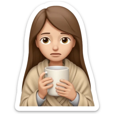 emoji-style illustration of a sad crying woman with long straight brown hair, wrapped in a cozy beige blanket, holding a mug cup, minimalistic look, front-facing, soft 3D cartoon rendering, plain background sticker