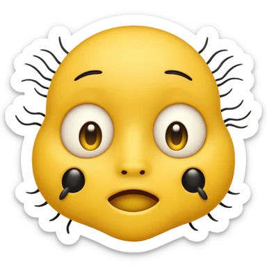 😊🥺 these emojis but with flies around it and its happy yellow face emoji black eyes like the 4th image but its cuter remove the nose make the eyes bigger and close its mouth sticker