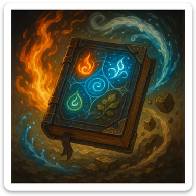 a magical elemental book, glowing with arcane symbols, surrounded by swirling elements of fire, water, earth, and air, in a fantasy illustration style sticker
