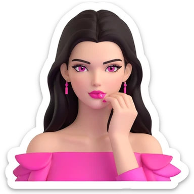 Kendall Jenner supermodel, longer face, long dark hair, bright pink glossy lipgloss, rosy pink blush, sharp winged eyeliner, bare shoulders sticker