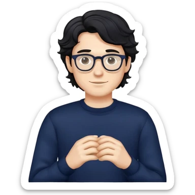 Caucasian male with wavy black hair wearing eyeglasses and a dark navy blue long sleeve pullover sweater sticker