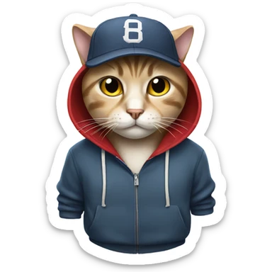 Cat wearing a hoodie and a baseball cap sticker