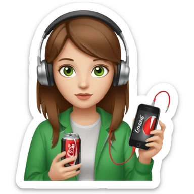 a girl with brown hair blonde ends green eyes phone in hand with diet coke and wearing headphones sticker