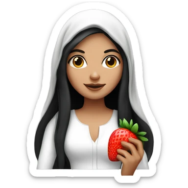 arab white girl with long black hair holding a strawberry sticker