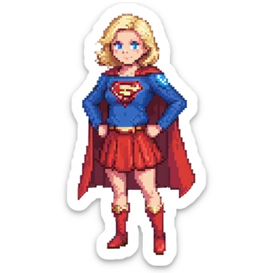 Supergirl superhero full body, blue suit with red skirt, red cape, blonde hair, and S emblem on chest sticker