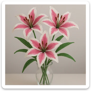 three french beaded stargazer lilies with pink petals and white edges, arranged in a clear glass vase, intricate beadwork details, realistic floral composition sticker