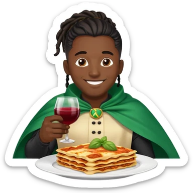  High fade ponytail dreadlock male black hair dark skin smiling and nigerian cape eating lasagna and wine  sticker