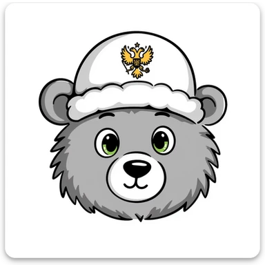 Cute grizzly bear face with green eyes, wearing a white fur hat with golden Russian coat of arms in the middle sticker