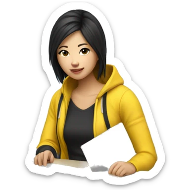 Designer female student using laptop Asian with black permed hair. Wearing yellow o clothes. sticker
